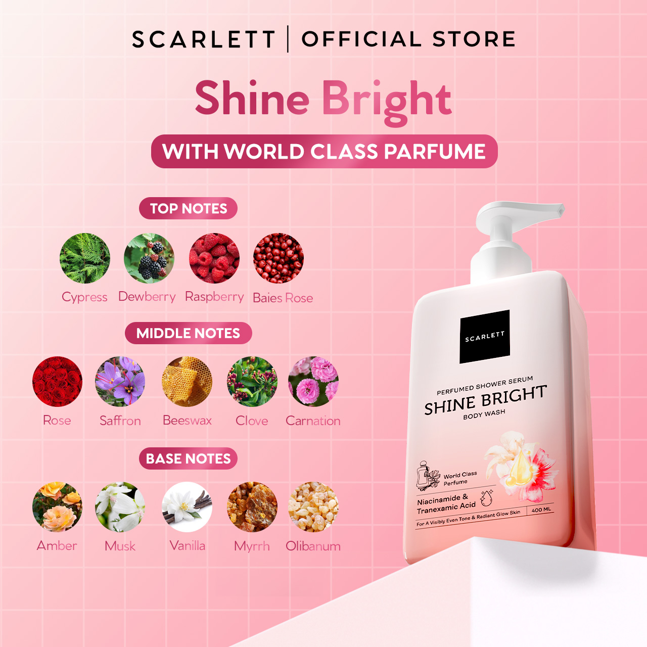 SCARLETT Perfumed Shower Serum 400ml – Shine Bright | Brightening Shower Gel dengan Niacinamide & Tranexamic Acid | Sabun Mandi Cair Mencerahkan Kulit Kusam, Menyamarkan Noda | Kulit Glowing dengan Wangi Parfum Mewah Kelas Dunia